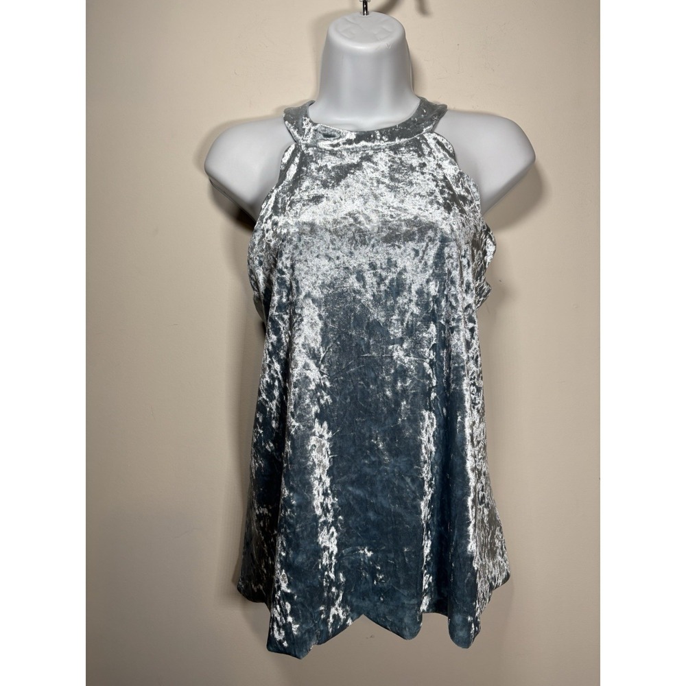 ALTAR'D STATE Crushed Velvet Blue Halter Top Scalloped Size Large Boho Cottage